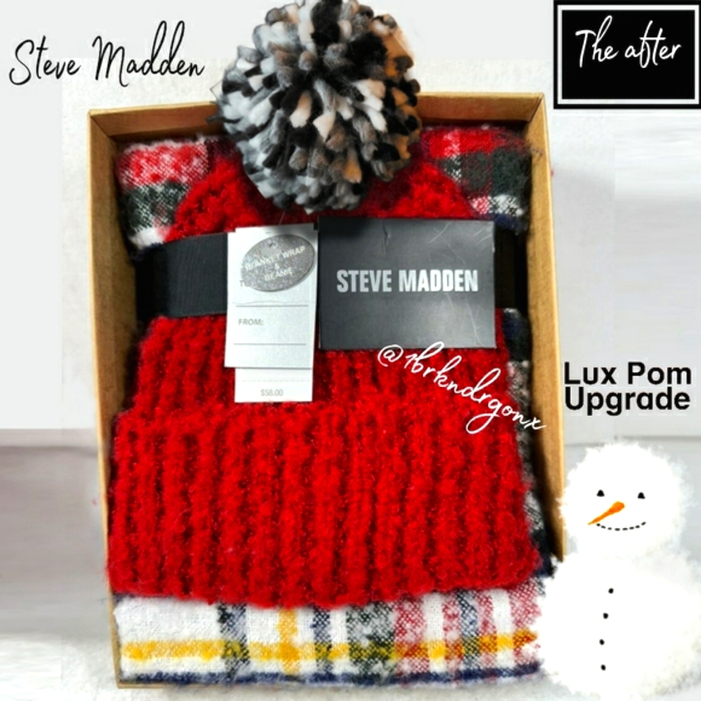 Steve Madden Holiday Gift Set Beanie Hat & Blanket Plaid Scarf Upgraded Lux Pom